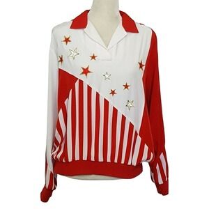 Vintage Regal Womens Top L Red White Stripe Appliqued Stars Long Sleeve
